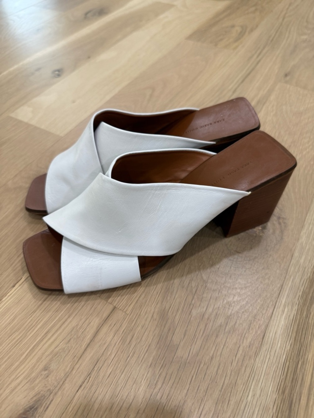 Zara White Leather Block Heel Mules Size 39
